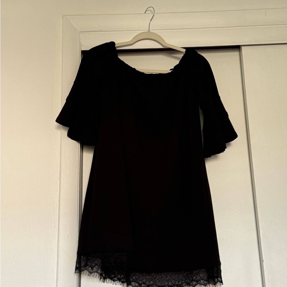 Black Off-Shoulder Mini Dress with Lace Hem